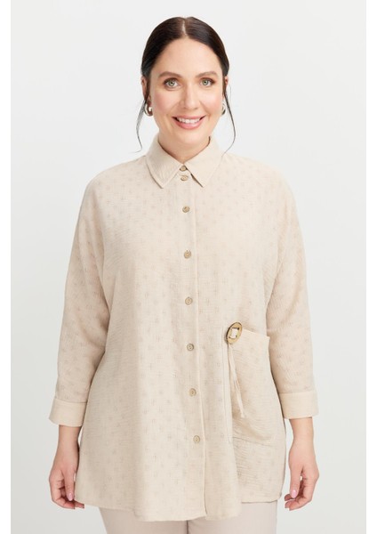 Büyük Beden Petek Keten Gömlek-Vizon