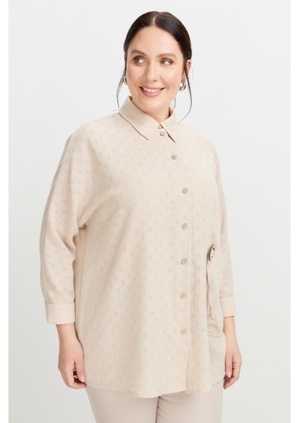 Büyük Beden Petek Keten Gömlek-Vizon