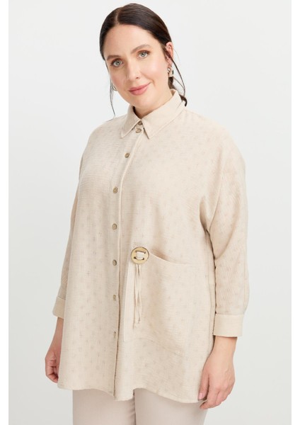 Büyük Beden Petek Keten Gömlek-Vizon