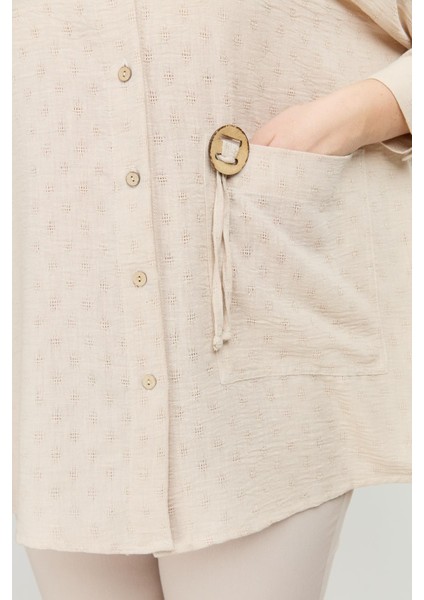 Büyük Beden Petek Keten Gömlek-Vizon