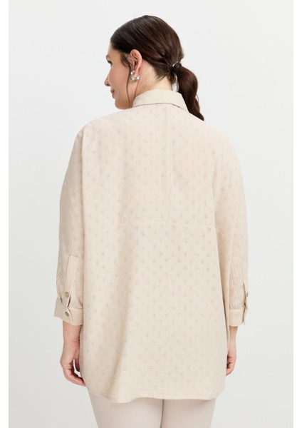 Büyük Beden Petek Keten Gömlek-Vizon