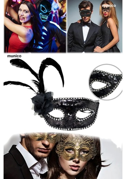 3 Adet Siyah Renk Pullu Maske – Tüylü ve Inci Detaylı | Maskeli Balo ve Kostüm Partileri Için modelleri