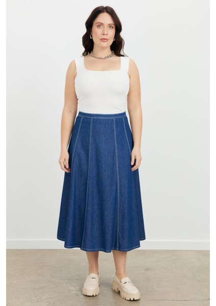 Büyük Beden Kloş Kot Etek-Lacı