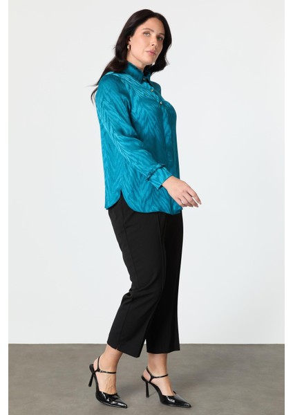 Büyük Beden Saten Görünümlü Gömlek-Petrol modelleri