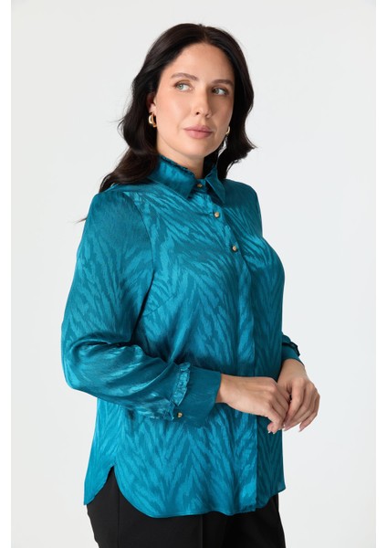 Büyük Beden Saten Görünümlü Gömlek-Petrol fırsatları