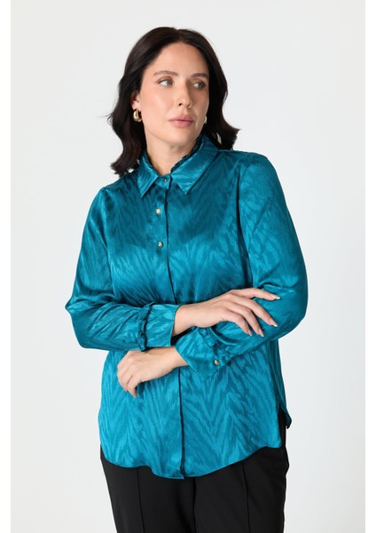 Büyük Beden Saten Görünümlü Gömlek-Petrol indirimleri