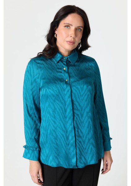 Büyük Beden Saten Görünümlü Gömlek-Petrol