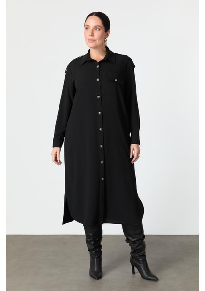 Büyük Beden Düğme Detay Krep Elbise-Siyah