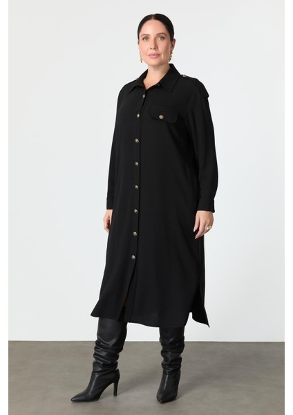 Büyük Beden Düğme Detay Krep Elbise-Siyah fiyatları