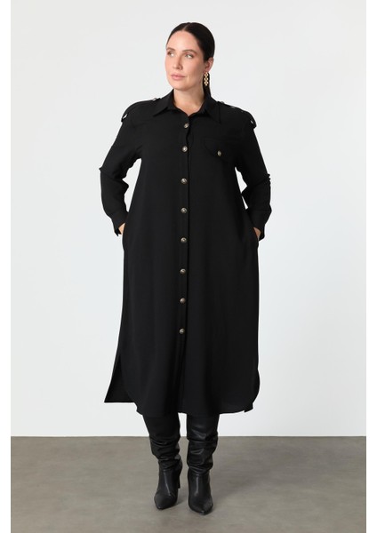 Büyük Beden Düğme Detay Krep Elbise-Siyah modelleri