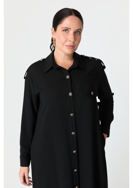 Büyük Beden Düğme Detay Krep Elbise-Siyah fırsatları