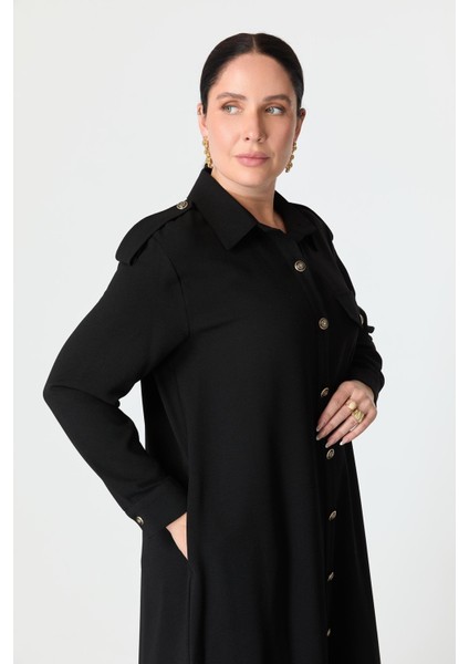 Büyük Beden Düğme Detay Krep Elbise-Siyah indirimleri