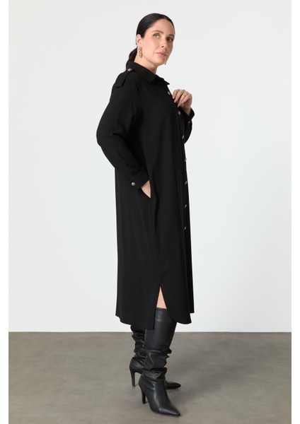 Büyük Beden Düğme Detay Krep Elbise-Siyah