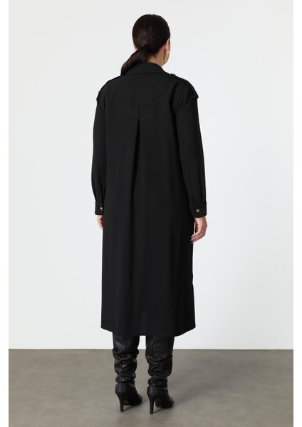 Büyük Beden Düğme Detay Krep Elbise-Siyah