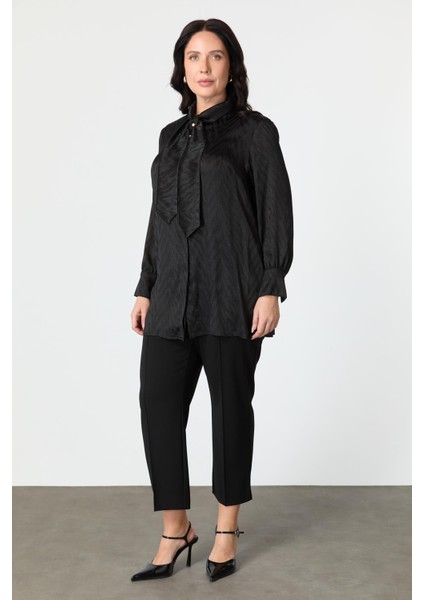 Büyük Beden Bağlama Detaylı Tunik Gömlek-Siyah fiyatları