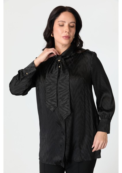 Büyük Beden Bağlama Detaylı Tunik Gömlek-Siyah indirimleri