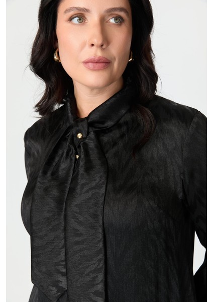 Büyük Beden Bağlama Detaylı Tunik Gömlek-Siyah