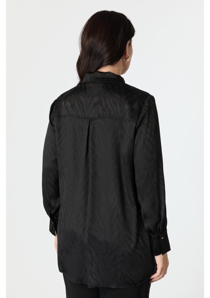 Büyük Beden Bağlama Detaylı Tunik Gömlek-Siyah