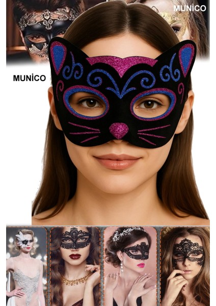 Sim Işlemeli Siyah Kedi Maske Kadife Kaplama, Lastikli | Maskeli Balo ve Kostüm Partisi Için indirimleri