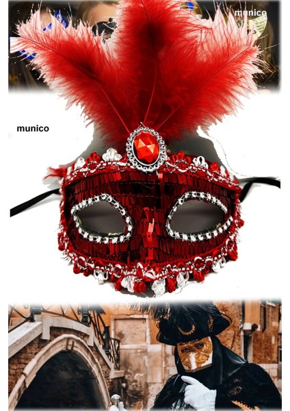 Kırmızı Payetli Parti Maskesi – Tüylü, Pullu, Ip Aparatlı | 17X20 cm Maskeli Balo Aksesuarı