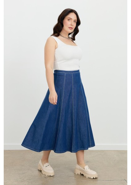 Büyük Beden Kloş Kot Etek-Lacı modelleri