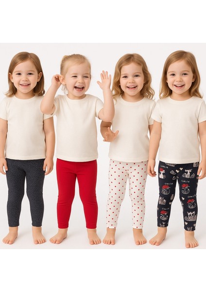 Kız Çocuk 4’lü Likralı Pamuklu (2-5 Yaş) Lastikli Bel Renkli Desenli Yumuşak Tayt