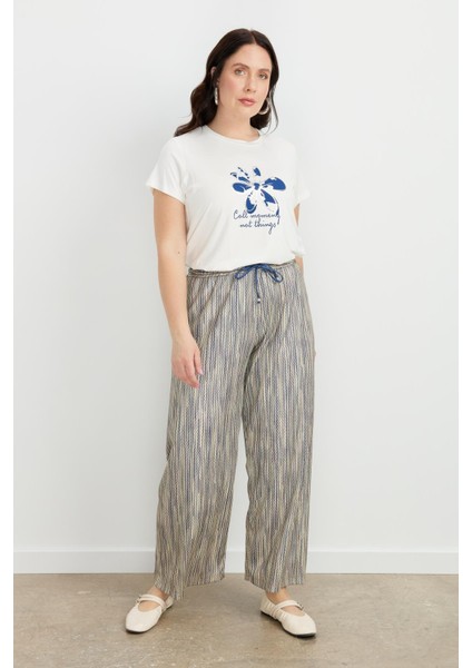 Büyük Beden Simli Örme Pantolon-Sarı