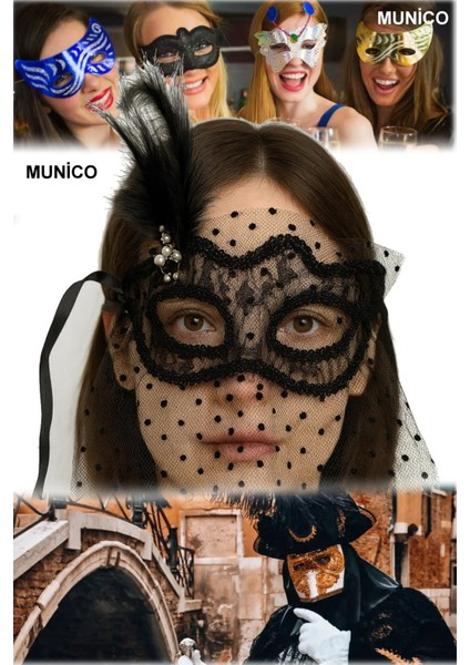 2 Adet Siyah Renk Duvaklı Maske Puantiyeli Kumaş, Inci Süslemeli Kostüm Maskeli Balo Hallowen Parti
