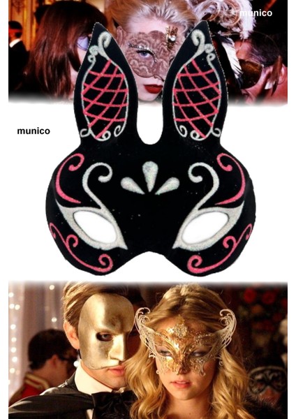 3 Adet Siyah Renk Süet Tavşan Maskesi Simli Detaylı, Ayarlanabilir Kayışlı | Maskeli Balo ve Karnaval