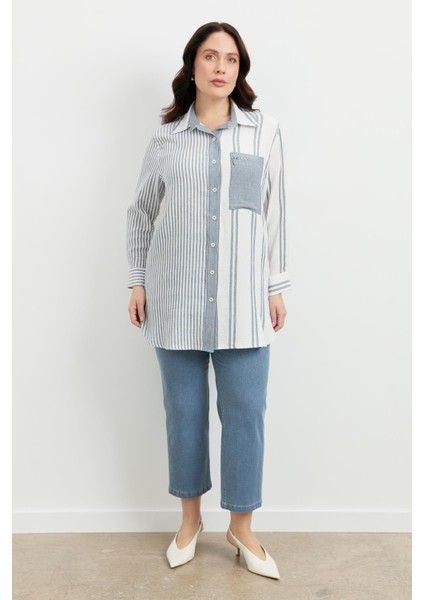 Büyük Beden Çizgi Desen Uzun Gömlek-Mavi