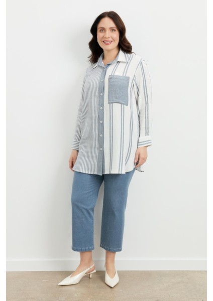 Büyük Beden Çizgi Desen Uzun Gömlek-Mavi fiyatları