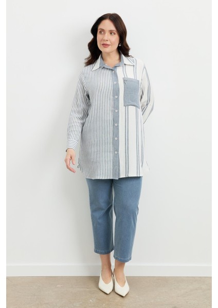 Büyük Beden Çizgi Desen Uzun Gömlek-Mavi fırsatları