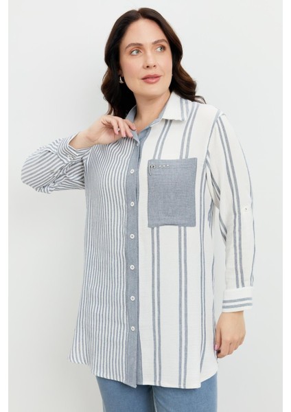 Büyük Beden Çizgi Desen Uzun Gömlek-Mavi indirimleri