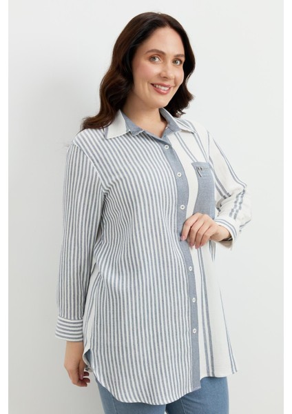 Büyük Beden Çizgi Desen Uzun Gömlek-Mavi