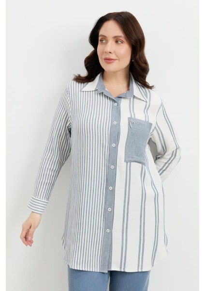 Büyük Beden Çizgi Desen Uzun Gömlek-Mavi