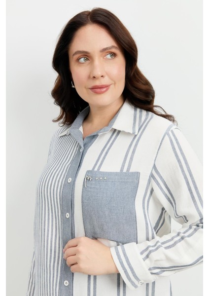 Büyük Beden Çizgi Desen Uzun Gömlek-Mavi