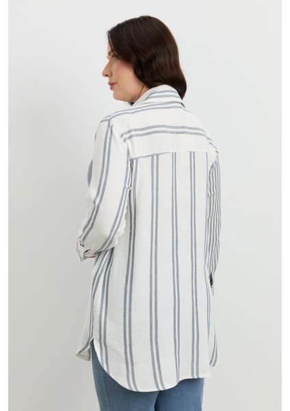 Büyük Beden Çizgi Desen Uzun Gömlek-Mavi