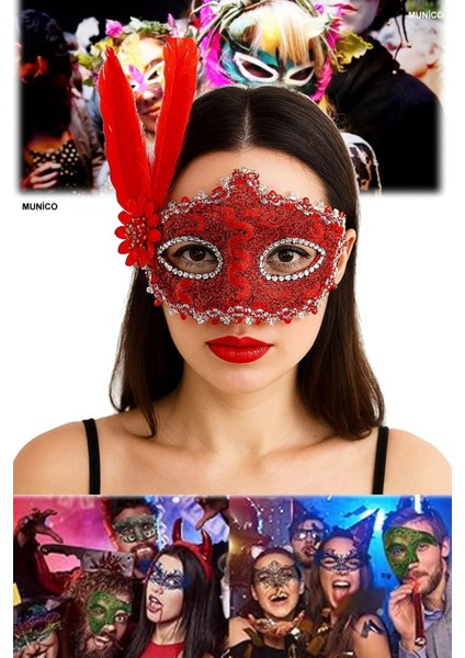 2 Adet Tüylü Kırmızı Maske Dantelli ve Işıltılı Taşlı Tasarım | Kostüm Partileri Özel Geceler Için indirimleri