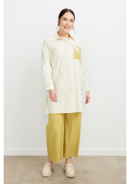 Büyük Beden Baskı Detay Gömlek Tunik-Sarı