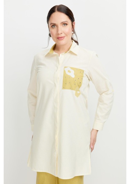 Büyük Beden Baskı Detay Gömlek Tunik-Sarı