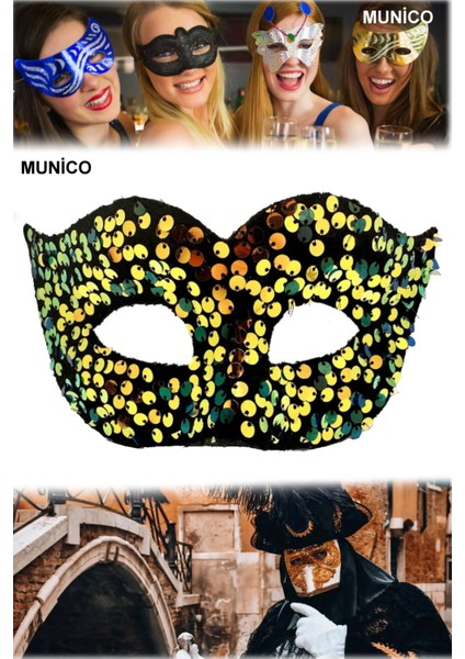 Altın Renk Payetli Parti Maskesi – Lastikli, Işıltılı Tasarım | Balo ve After Parti Aksesuarı