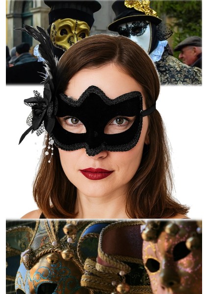 3 Adet Yandan Tüylü Siyah Maske – Süet Kumaşlı, Beyaz Inci Detaylı | Özel Günler Için Zarif Tasarım