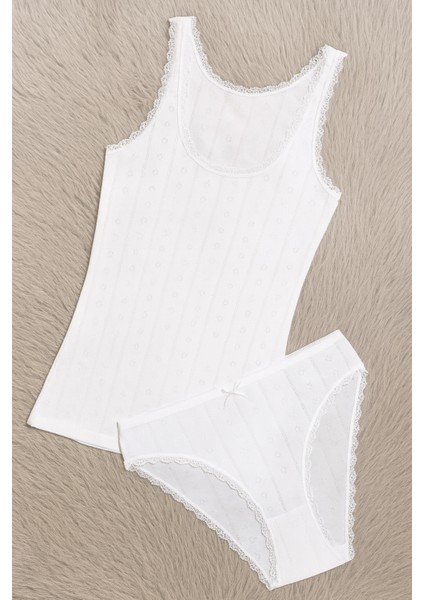 %100 Pamuk Jakarlı Kalın Askılı Beyaz Bikini Külot Takım LL.IL22.KE95.001