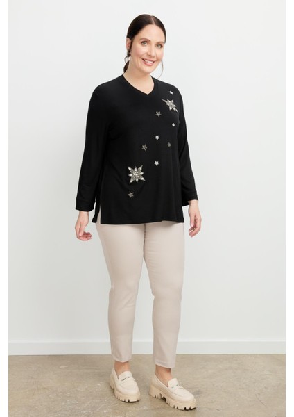 Büyük Beden Taşlı Yıldız Bluz-Siyah