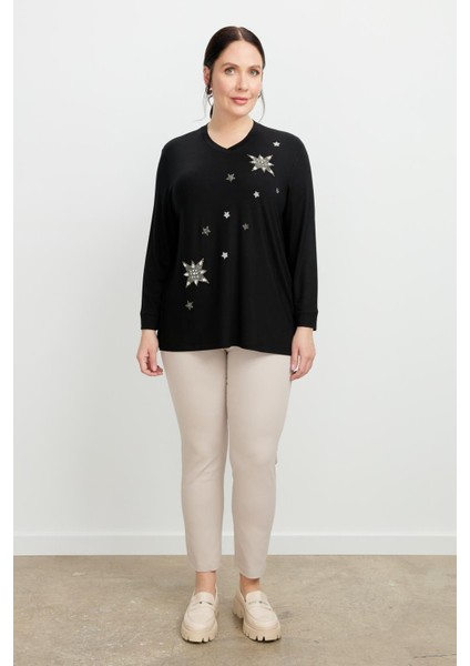Büyük Beden Taşlı Yıldız Bluz-Siyah fiyatları