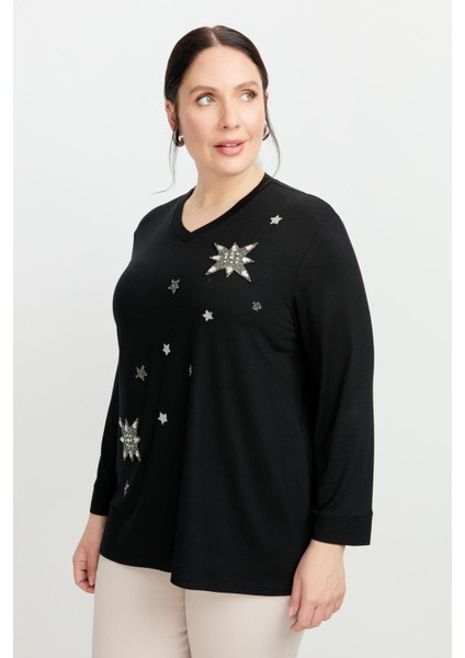 Büyük Beden Taşlı Yıldız Bluz-Siyah modelleri