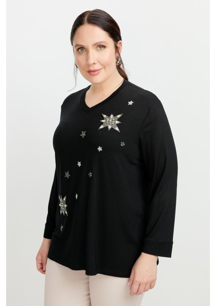 Büyük Beden Taşlı Yıldız Bluz-Siyah fırsatları
