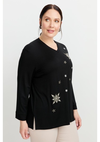 Büyük Beden Taşlı Yıldız Bluz-Siyah