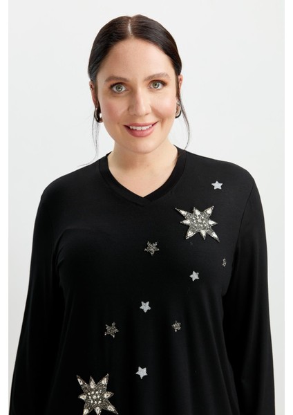 Büyük Beden Taşlı Yıldız Bluz-Siyah