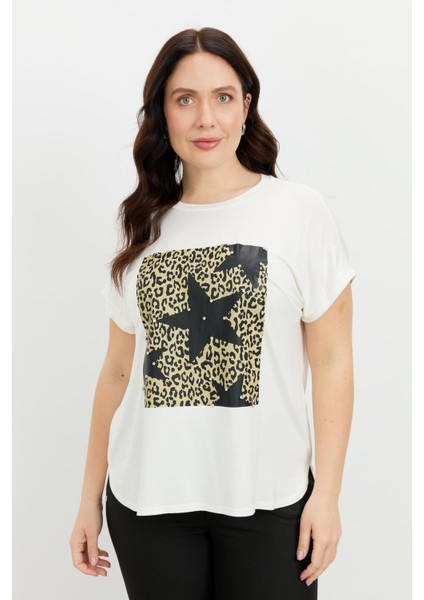 Büyük Beden Leopar Baskı Bluz-Kemık